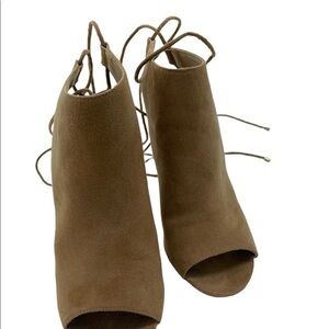 Aldo Tan Faux‎ Suede Lace Up Back Open Toe Stiletto Ankle Booties Camel Heels